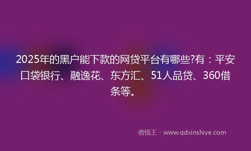 2025年的黑户能下款的网贷平台有哪些?有：平安口袋银行、融逸花、东方汇、51人品贷、360借条等。