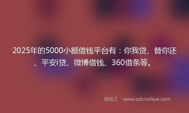 2025年的5000小额借钱平台有：你我贷、替你还、平安i贷、微博借钱、360借条等。