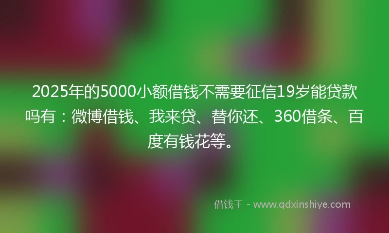 2025年的5000小额借钱不需要征信19岁能贷款吗有：微博借钱、我来贷、替你还、360借条、百度有钱花等。