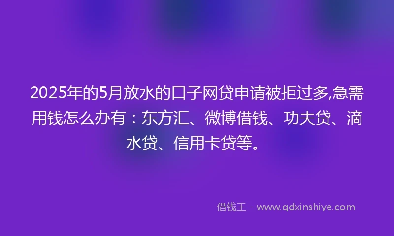 2025年的5月放水的口子网贷申请被拒过多,急需用钱怎么办有：东方汇、微博借钱、功夫贷、滴水贷、信用卡贷等。
