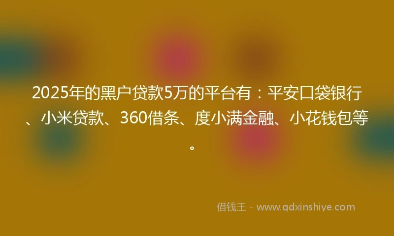 2025年的黑户贷款5万的平台有：平安口袋银行、小米贷款、360借条、度小满金融、小花钱包等。