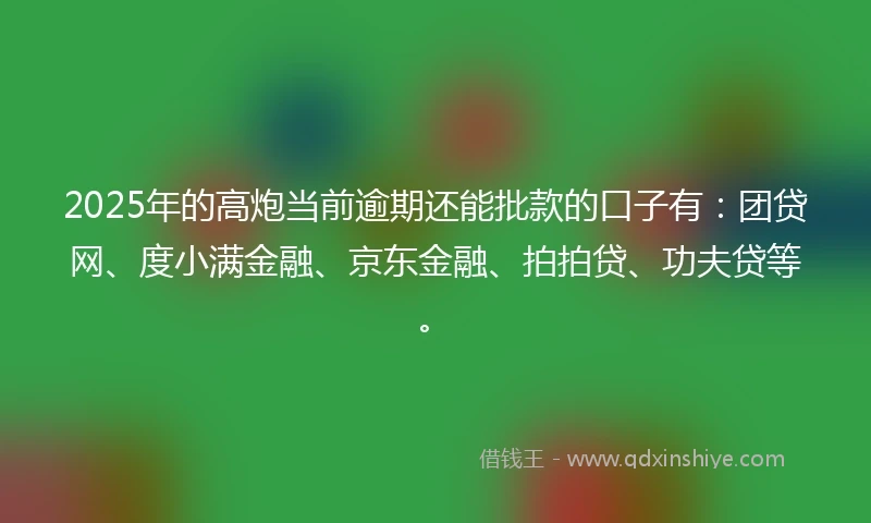 2025年的高炮当前逾期还能批款的口子有：团贷网、度小满金融、京东金融、拍拍贷、功夫贷等。