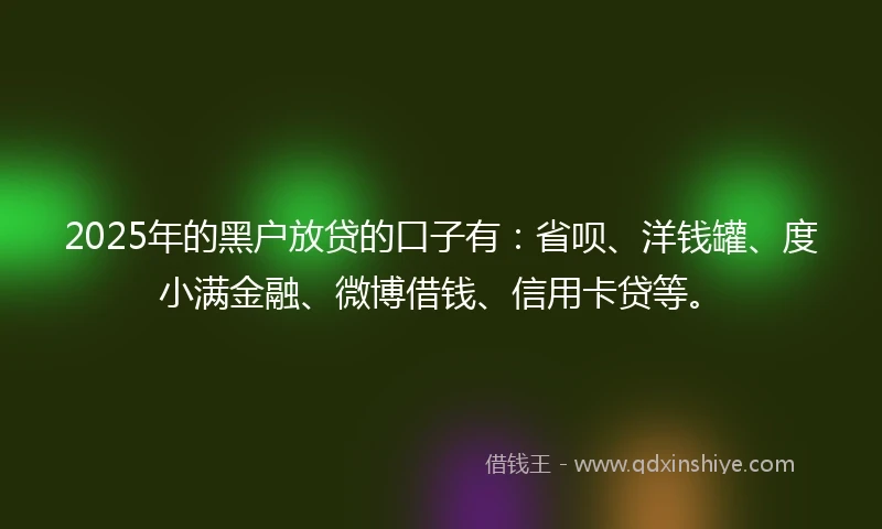 2025年的黑户放贷的口子有：省呗、洋钱罐、度小满金融、微博借钱、信用卡贷等。