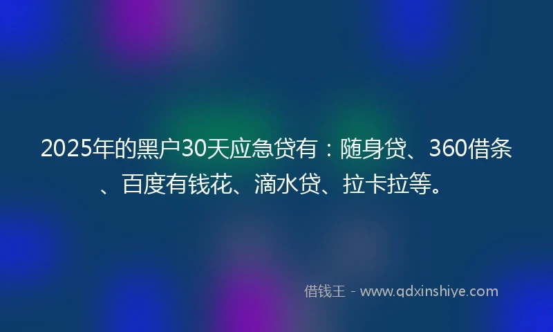 2025年的黑户30天应急贷有：随身贷、360借条、百度有钱花、滴水贷、拉卡拉等。