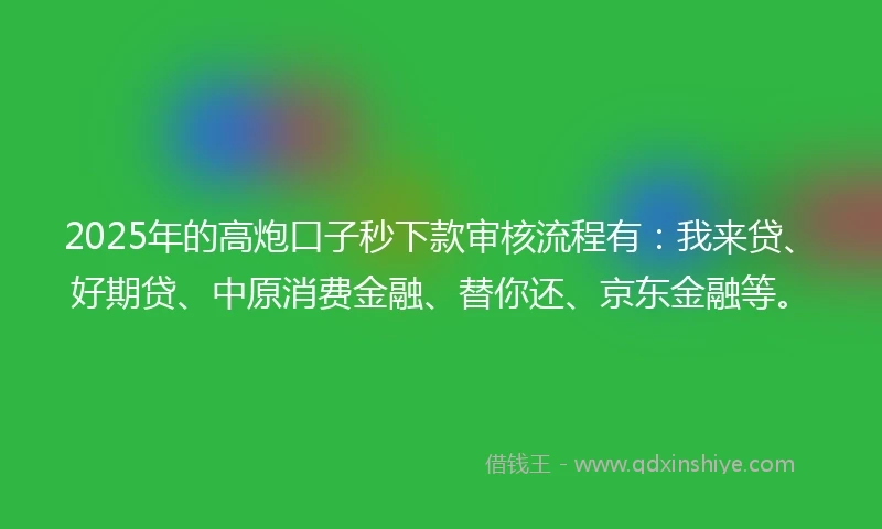 2025年的高炮口子秒下款审核流程有：我来贷、好期贷、中原消费金融、替你还、京东金融等。