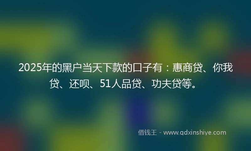 2025年的黑户当天下款的口子有：惠商贷、你我贷、还呗、51人品贷、功夫贷等。