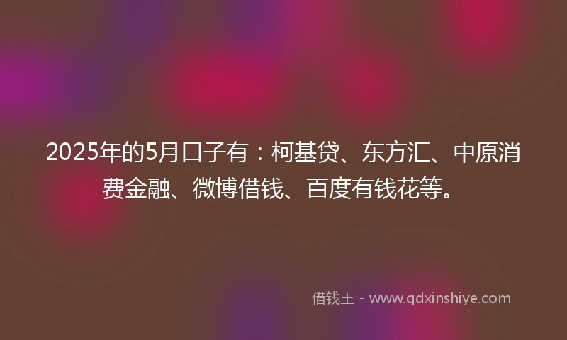 2025年的5月口子有：柯基贷、东方汇、中原消费金融、微博借钱、百度有钱花等。