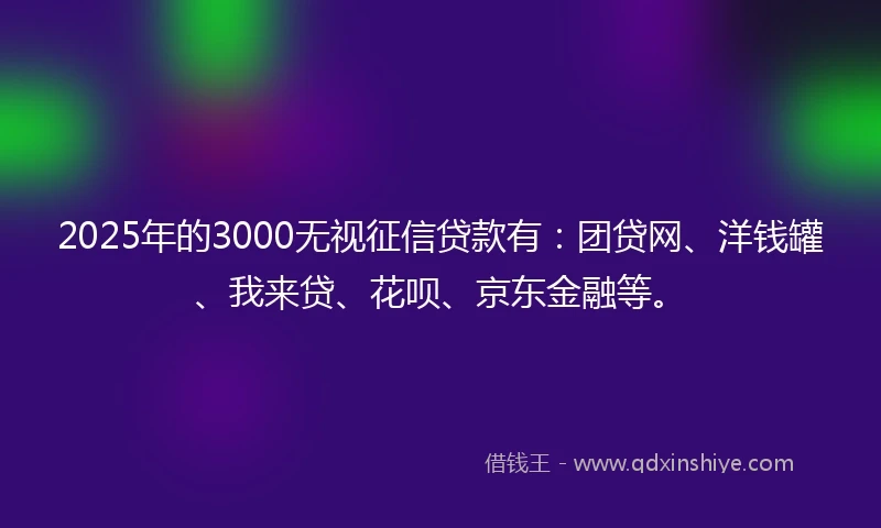 2025年的3000无视征信贷款有：团贷网、洋钱罐、我来贷、花呗、京东金融等。
