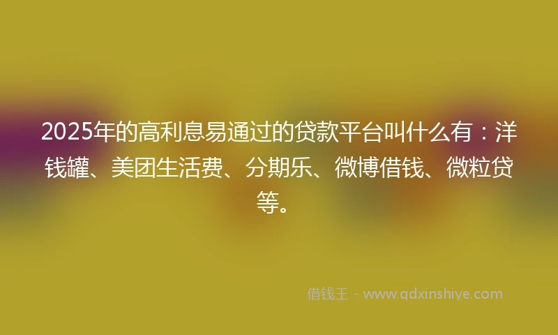 2025年的高利息易通过的贷款平台叫什么有：洋钱罐、美团生活费、分期乐、微博借钱、微粒贷等。