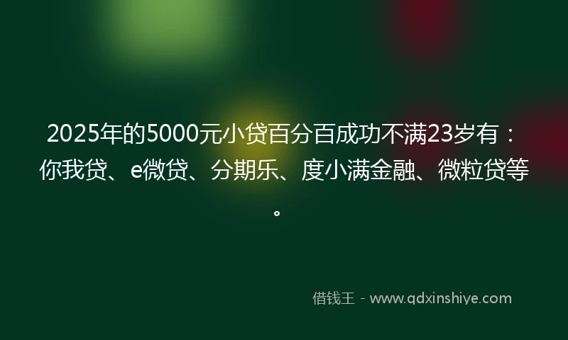 2025年的5000元小贷百分百成功不满23岁有：你我贷、e微贷、分期乐、度小满金融、微粒贷等。