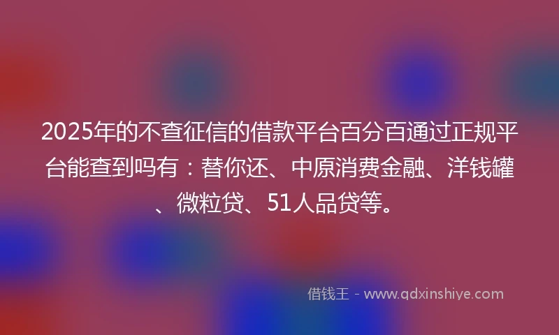 2025年的不查征信的借款平台百分百通过正规平台能查到吗有：替你还、中原消费金融、洋钱罐、微粒贷、51人品贷等。