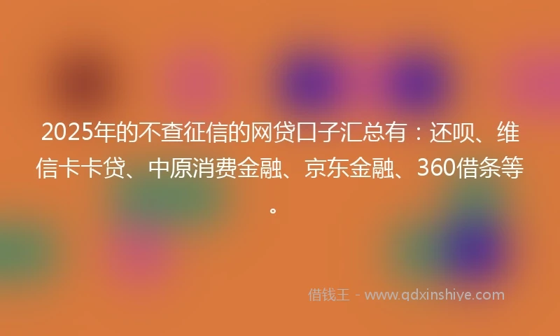 2025年的不查征信的网贷口子汇总有：还呗、维信卡卡贷、中原消费金融、京东金融、360借条等。