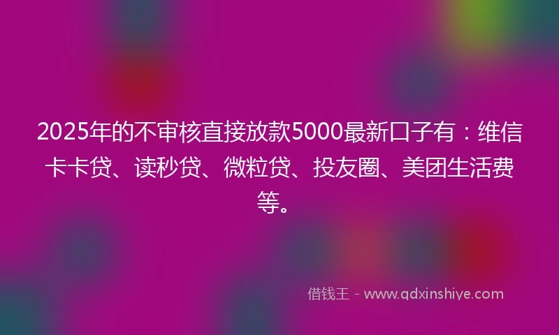 2025年的不审核直接放款5000最新口子有：维信卡卡贷、读秒贷、微粒贷、投友圈、美团生活费等。