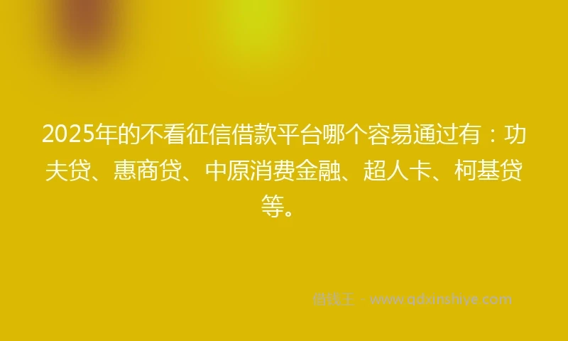 2025年的不看征信借款平台哪个容易通过有：功夫贷、惠商贷、中原消费金融、超人卡、柯基贷等。