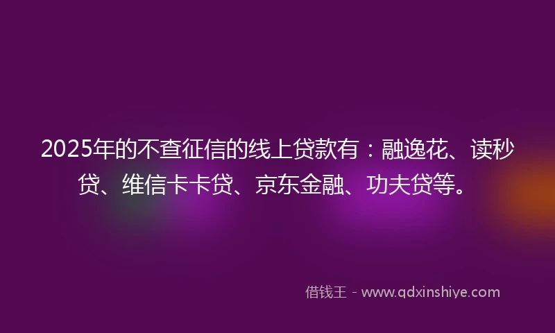2025年的不查征信的线上贷款有：融逸花、读秒贷、维信卡卡贷、京东金融、功夫贷等。