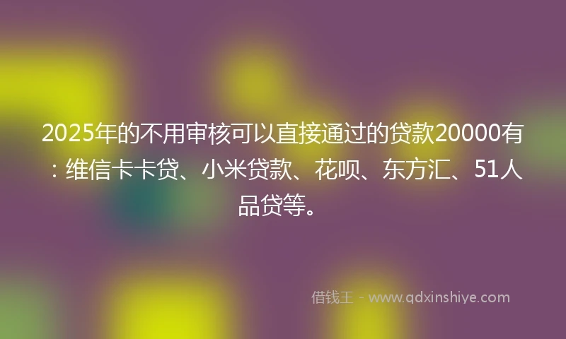 2025年的不用审核可以直接通过的贷款20000有：维信卡卡贷、小米贷款、花呗、东方汇、51人品贷等。