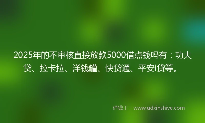 2025年的不审核直接放款5000借点钱吗有：功夫贷、拉卡拉、洋钱罐、快贷通、平安i贷等。