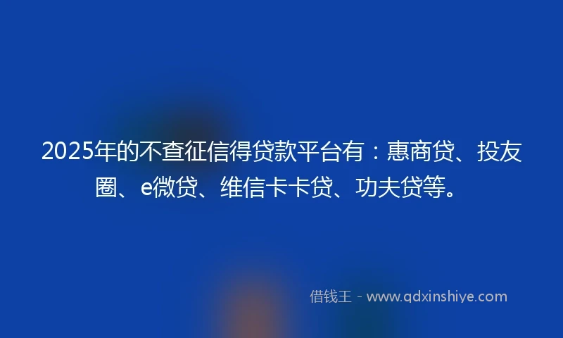 2025年的不查征信得贷款平台有：惠商贷、投友圈、e微贷、维信卡卡贷、功夫贷等。