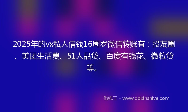 2025年的vx私人借钱16周岁微信转账有：投友圈、美团生活费、51人品贷、百度有钱花、微粒贷等。