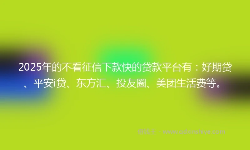 2025年的不看征信下款快的贷款平台有：好期贷、平安i贷、东方汇、投友圈、美团生活费等。
