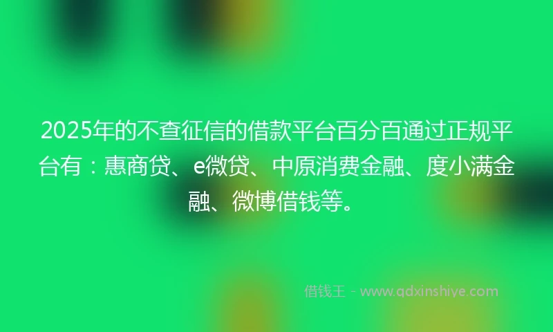 2025年的不查征信的借款平台百分百通过正规平台有：惠商贷、e微贷、中原消费金融、度小满金融、微博借钱等。