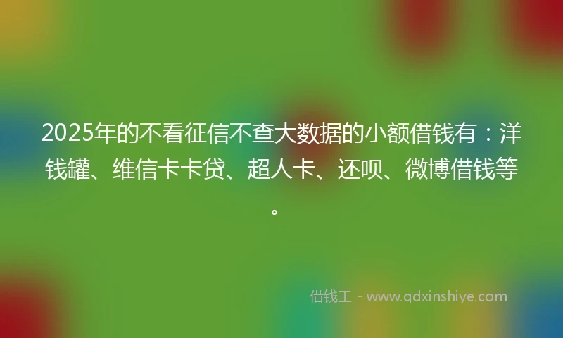 2025年的不看征信不查大数据的小额借钱有：洋钱罐、维信卡卡贷、超人卡、还呗、微博借钱等。