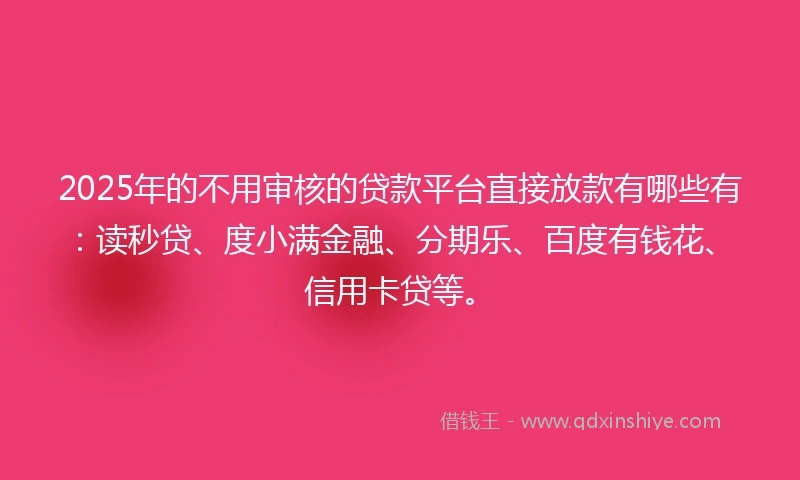 2025年的不用审核的贷款平台直接放款有哪些有：读秒贷、度小满金融、分期乐、百度有钱花、信用卡贷等。