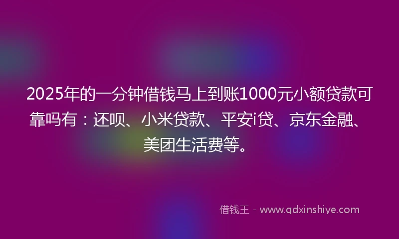2025年的一分钟借钱马上到账1000元小额贷款可靠吗有：还呗、小米贷款、平安i贷、京东金融、美团生活费等。