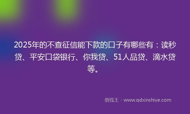 2025年的不查征信能下款的口子有哪些有：读秒贷、平安口袋银行、你我贷、51人品贷、滴水贷等。