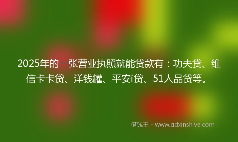 2025年的一张营业执照就能贷款有：功夫贷、维信卡卡贷、洋钱罐、平安i贷、51人品贷等。