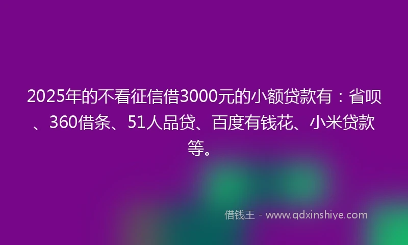 2025年的不看征信借3000元的小额贷款有：省呗、360借条、51人品贷、百度有钱花、小米贷款等。