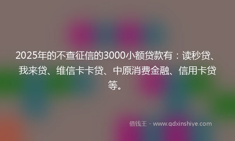 2025年的不查征信的3000小额贷款有：读秒贷、我来贷、维信卡卡贷、中原消费金融、信用卡贷等。