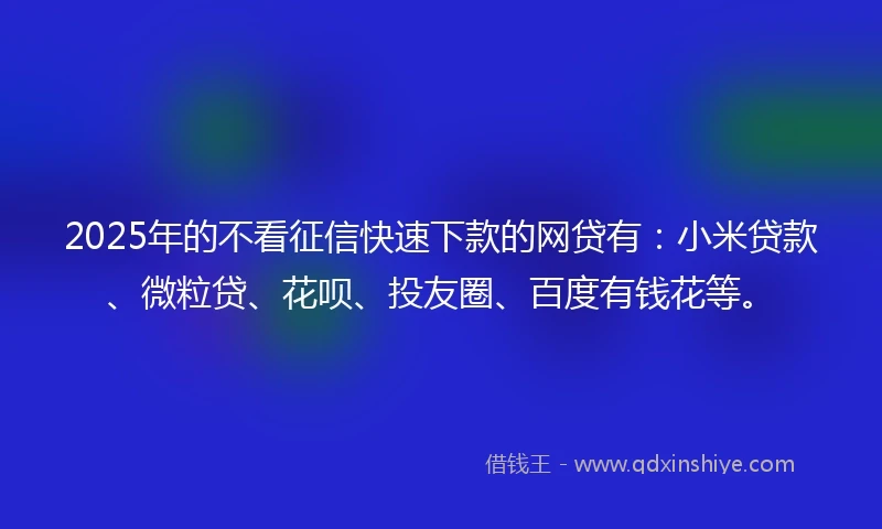 2025年的不看征信快速下款的网贷有：小米贷款、微粒贷、花呗、投友圈、百度有钱花等。