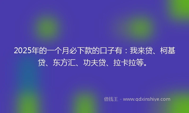 2025年的一个月必下款的口子有：我来贷、柯基贷、东方汇、功夫贷、拉卡拉等。