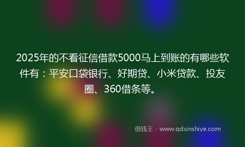 2025年的不看征信借款5000马上到账的有哪些软件有：平安口袋银行、好期贷、小米贷款、投友圈、360借条等。