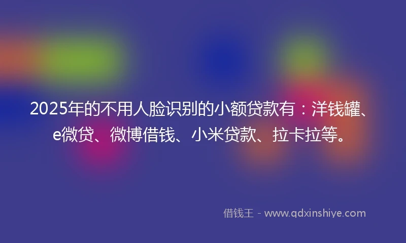 2025年的不用人脸识别的小额贷款有：洋钱罐、e微贷、微博借钱、小米贷款、拉卡拉等。