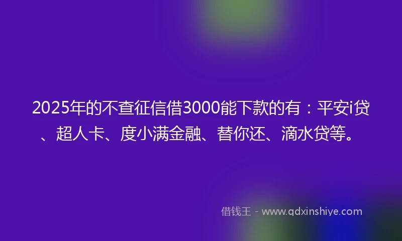 2025年的不查征信借3000能下款的有：平安i贷、超人卡、度小满金融、替你还、滴水贷等。