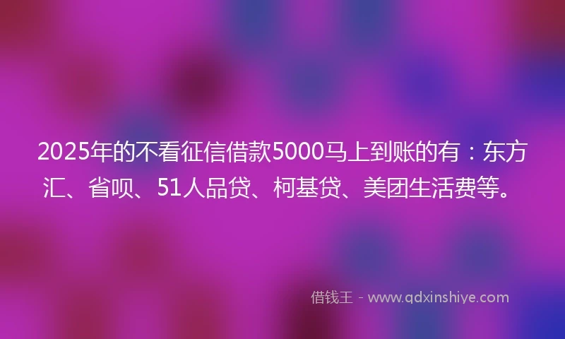 2025年的不看征信借款5000马上到账的有：东方汇、省呗、51人品贷、柯基贷、美团生活费等。