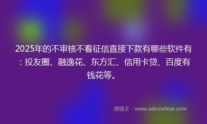 2025年的不审核不看征信直接下款有哪些软件有：投友圈、融逸花、东方汇、信用卡贷、百度有钱花等。