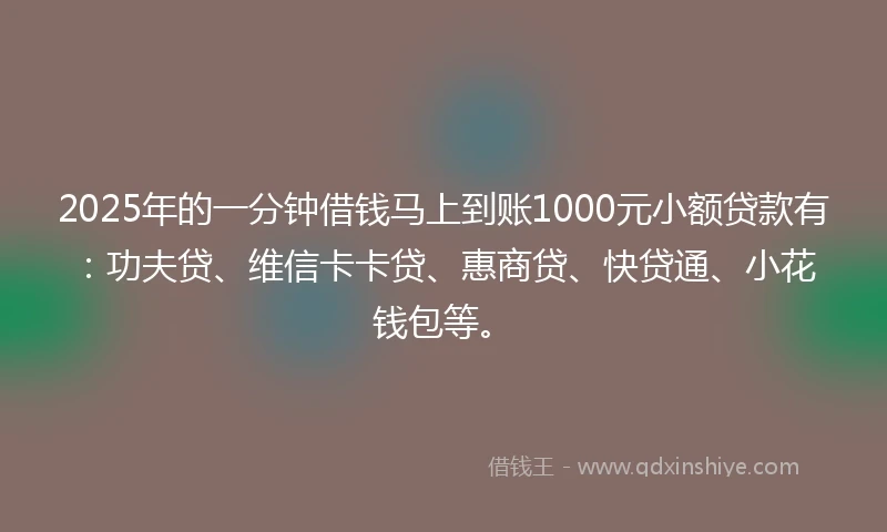 2025年的一分钟借钱马上到账1000元小额贷款有：功夫贷、维信卡卡贷、惠商贷、快贷通、小花钱包等。