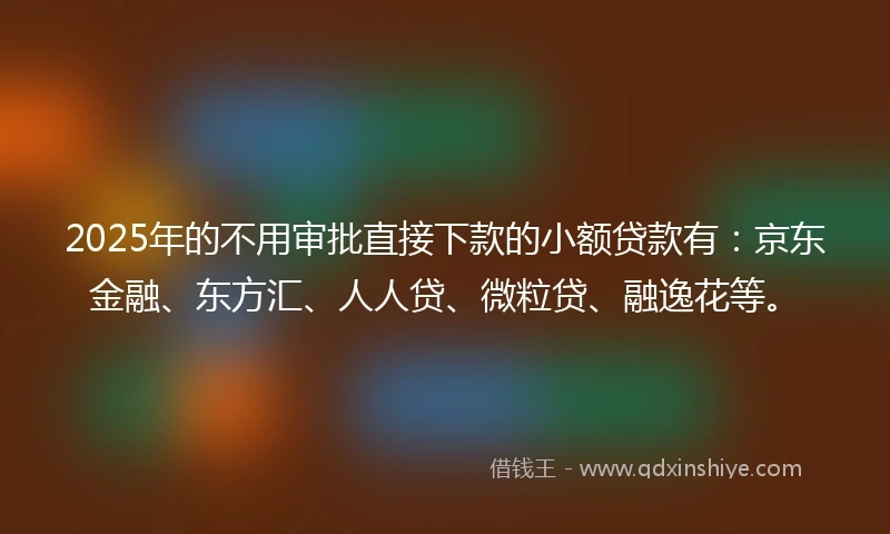 2025年的不用审批直接下款的小额贷款有：京东金融、东方汇、人人贷、微粒贷、融逸花等。
