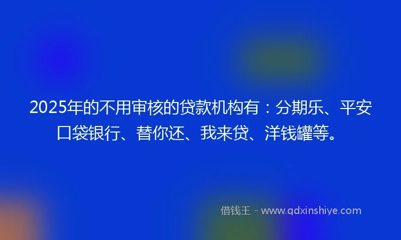 2025年的不用审核的贷款机构有：分期乐、平安口袋银行、替你还、我来贷、洋钱罐等。