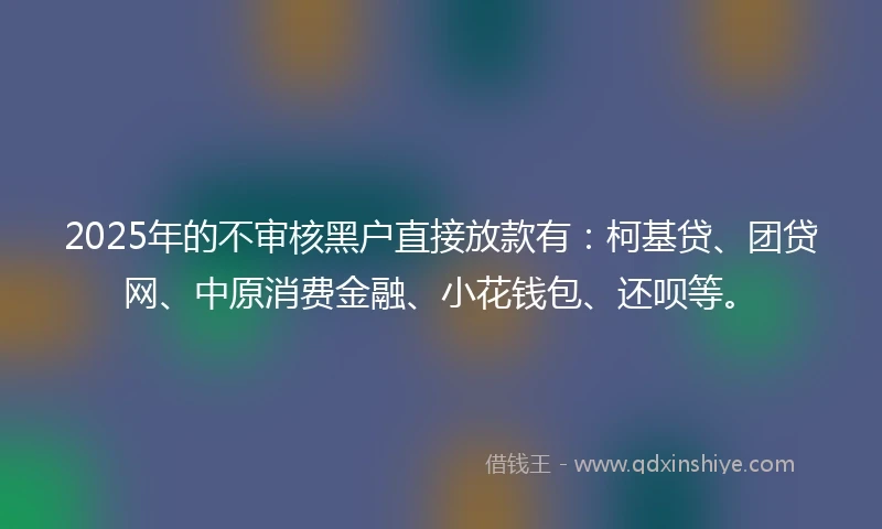 2025年的不审核黑户直接放款有：柯基贷、团贷网、中原消费金融、小花钱包、还呗等。
