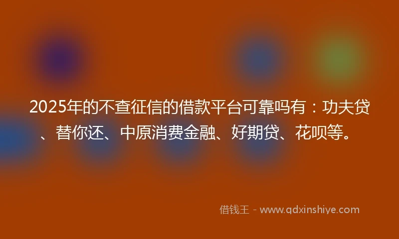 2025年的不查征信的借款平台可靠吗有：功夫贷、替你还、中原消费金融、好期贷、花呗等。