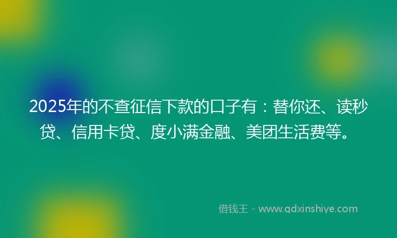 2025年的不查征信下款的口子有：替你还、读秒贷、信用卡贷、度小满金融、美团生活费等。