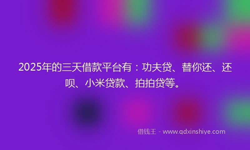 2025年的三天借款平台有：功夫贷、替你还、还呗、小米贷款、拍拍贷等。