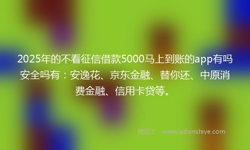 2025年的不看征信借款5000马上到账的app有吗安全吗有：安逸花、京东金融、替你还、中原消费金融、信用卡贷等。