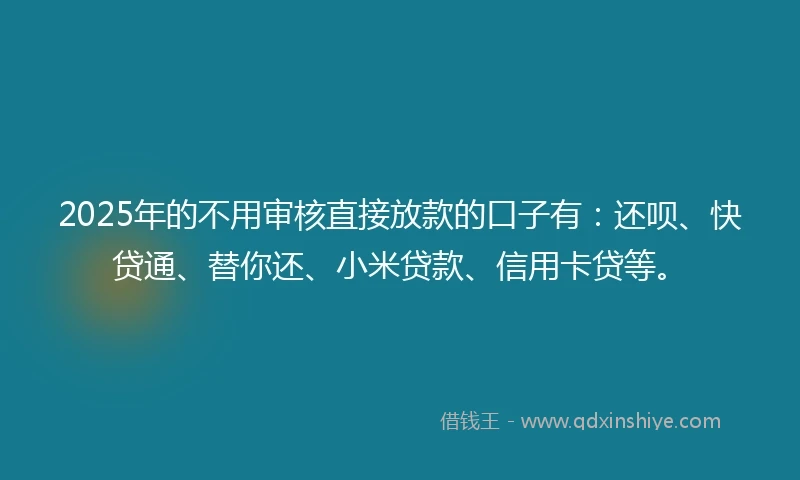2025年的不用审核直接放款的口子有：还呗、快贷通、替你还、小米贷款、信用卡贷等。