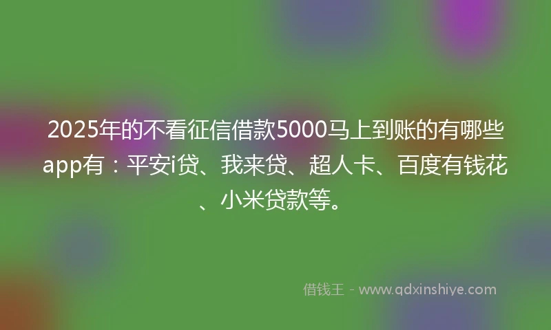 2025年的不看征信借款5000马上到账的有哪些app有：平安i贷、我来贷、超人卡、百度有钱花、小米贷款等。