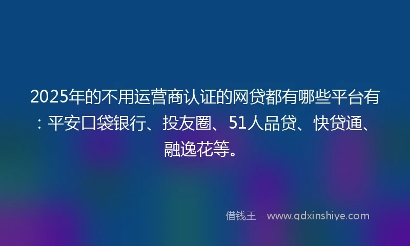 2025年的不用运营商认证的网贷都有哪些平台有：平安口袋银行、投友圈、51人品贷、快贷通、融逸花等。